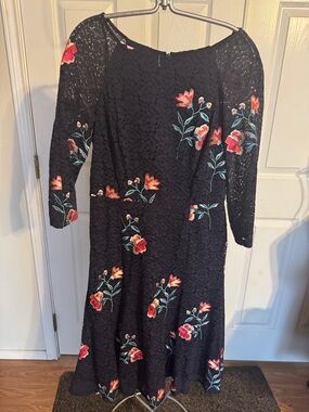 Eliza J Blue Lace Midi Dress with Red Floral Embroidery